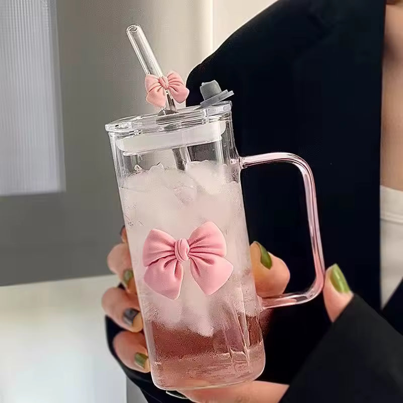 Aesthetic Coquette Bow Glass Mug Set – Cute Square Tumbler with Handle & Glass Straw