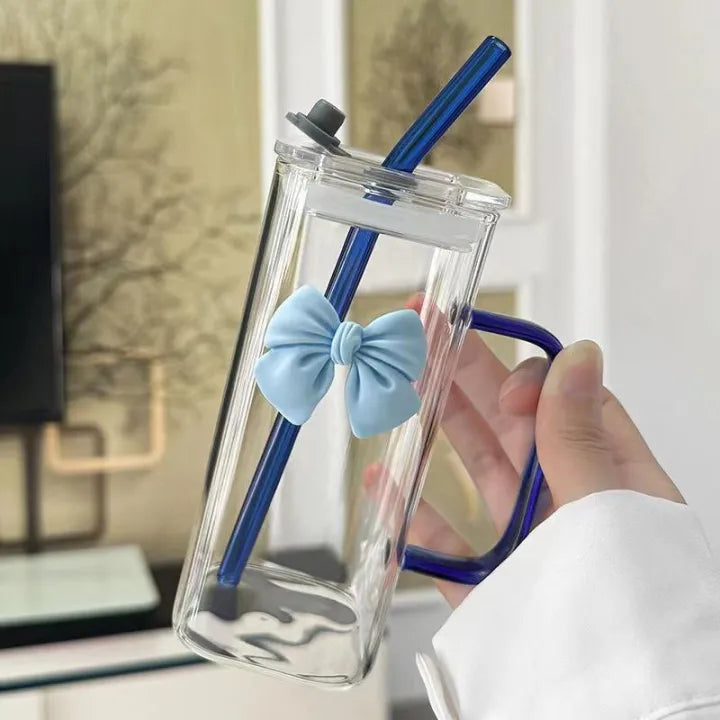 Aesthetic Coquette Bow Glass Mug Set – Cute Square Tumbler with Handle & Glass Straw