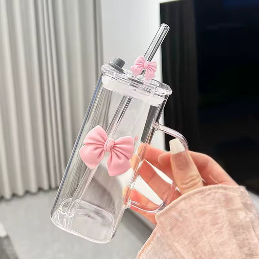 Aesthetic Coquette Bow Glass Mug Set – Cute Square Tumbler with Handle & Glass Straw