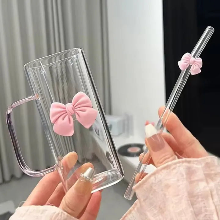 Aesthetic Coquette Bow Glass Mug Set – Cute Square Tumbler with Handle & Glass Straw