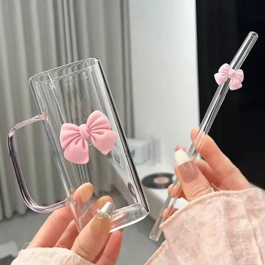Aesthetic Coquette Bow Glass Mug Set – Cute Square Tumbler with Handle & Glass Straw