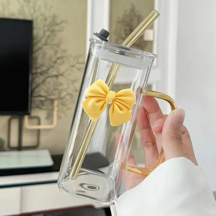 Aesthetic Coquette Bow Glass Mug Set – Cute Square Tumbler with Handle & Glass Straw