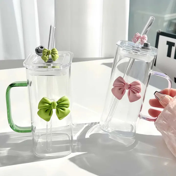 Aesthetic Coquette Bow Glass Mug Set – Cute Square Tumbler with Handle & Glass Straw