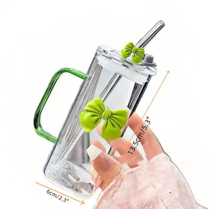 Aesthetic Coquette Bow Glass Mug Set – Cute Square Tumbler with Handle & Glass Straw